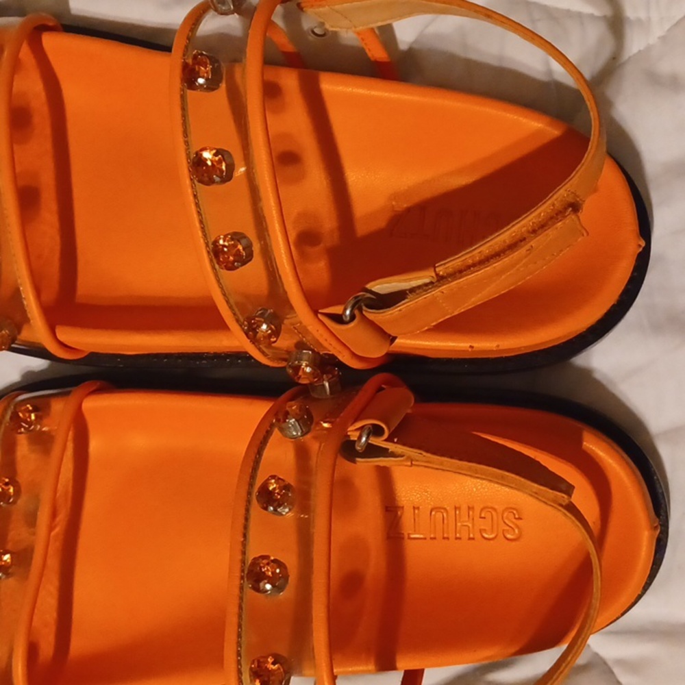 SCHUTZ Orange Jelly Strap Sandals with Gem Accents - Picture 6 of 6